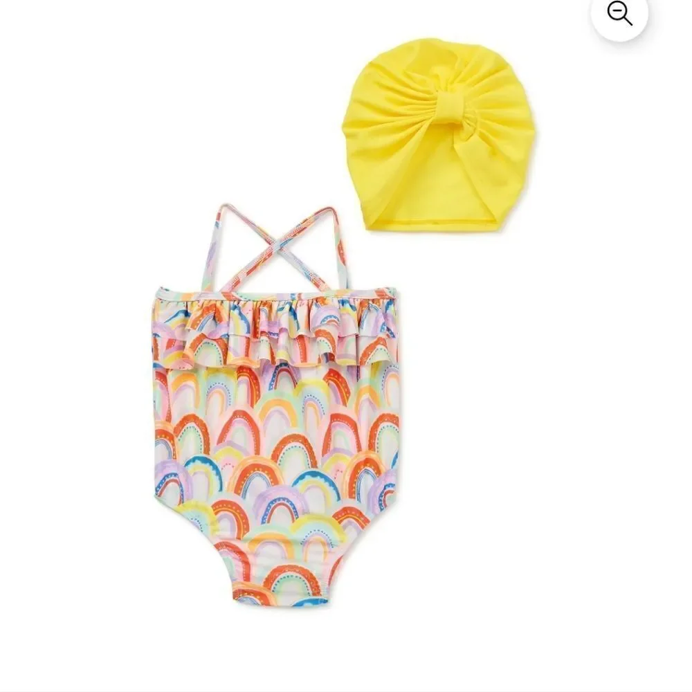 NWT Wonder Nation Baby Girl Rainbow Swimsuit and Swim Turban, 2-Piece